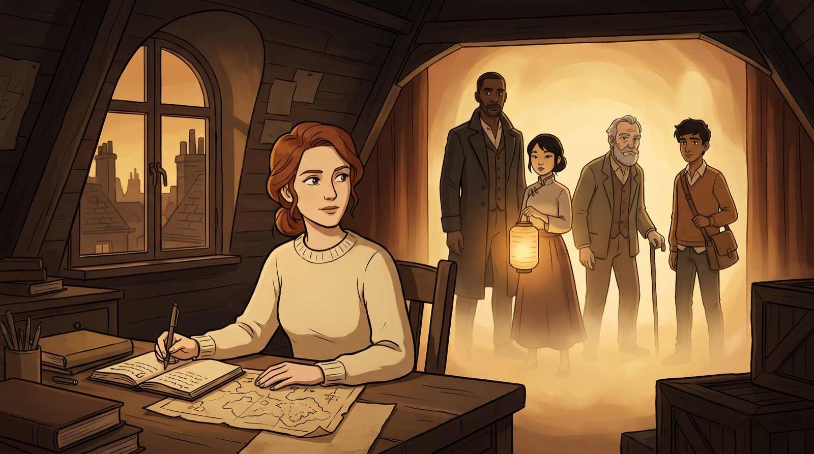 A white woman writer at her attic desk in London while the characters she has imagined, Black, East Asian, white and South Asian, wait in warm stage light behind her