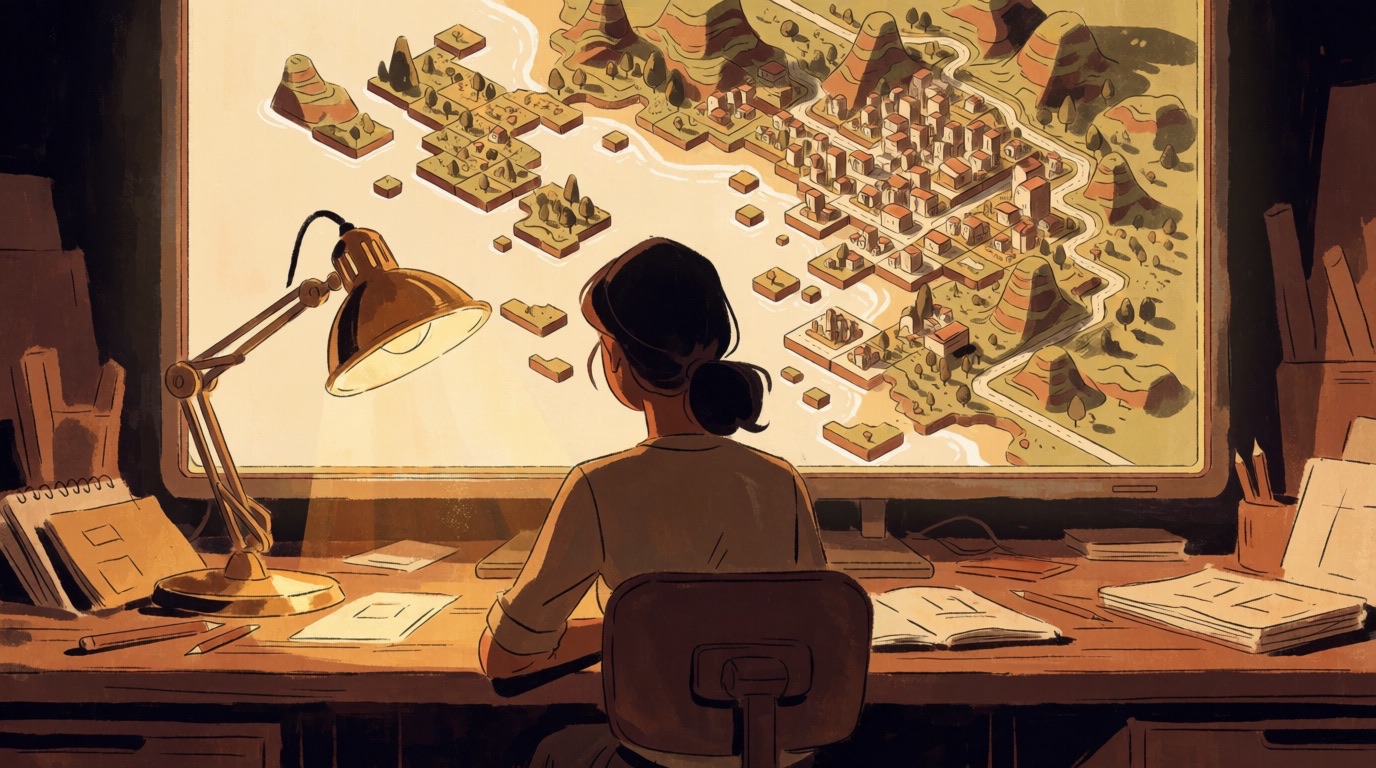 A designer watches a miniature city and coastline assemble itself on her monitor