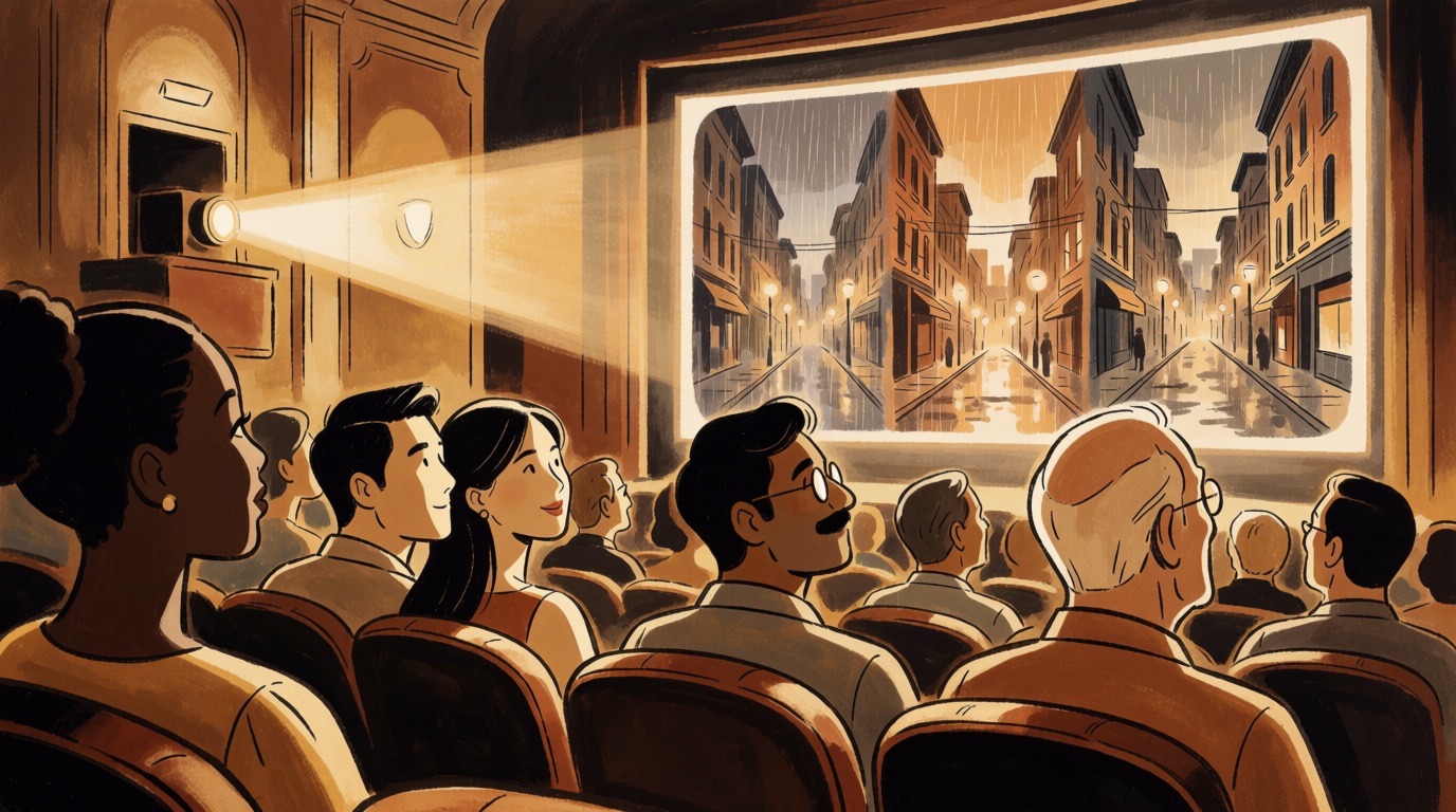 A cinema audience watches a rain-swept street on screen branch into different versions