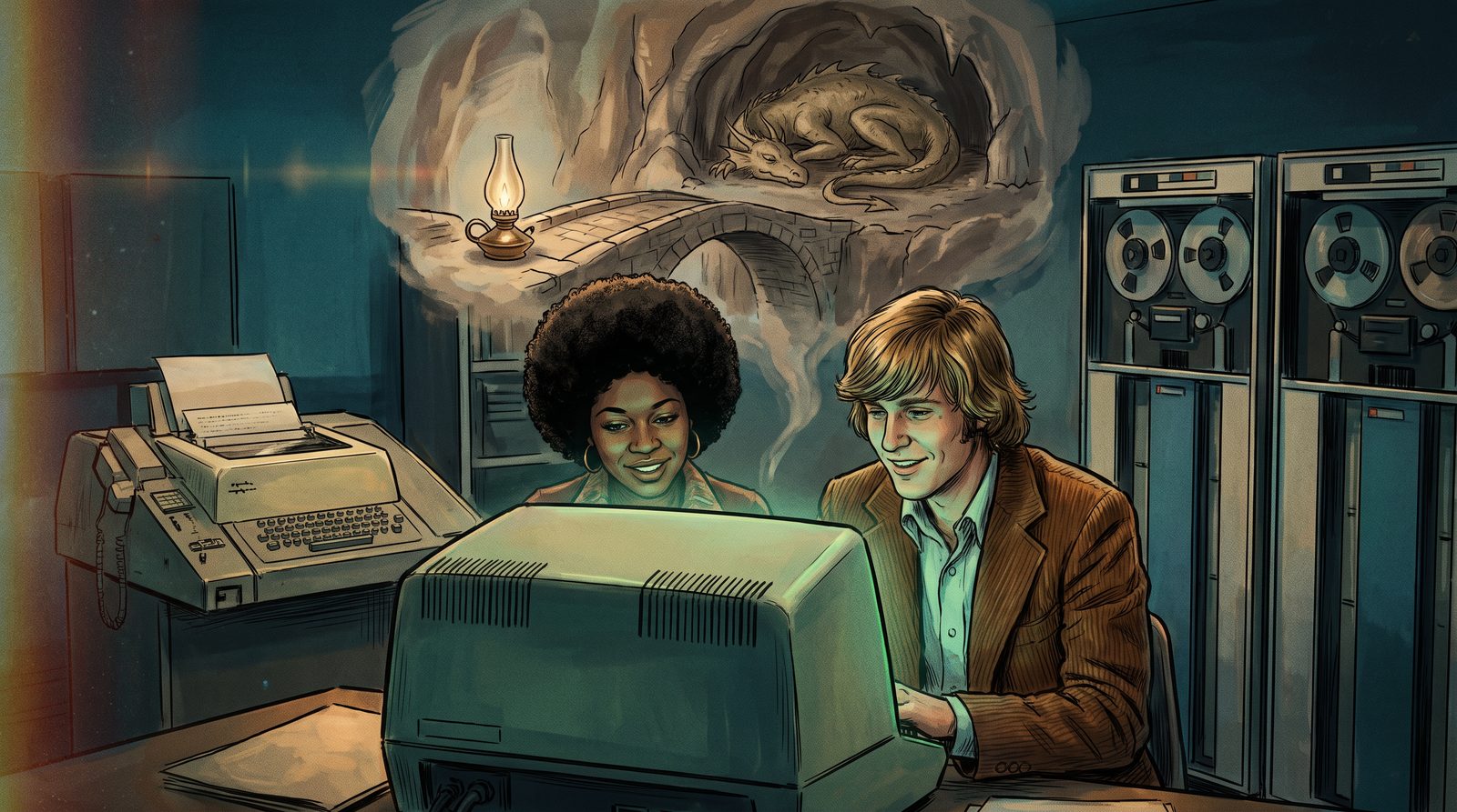 A young Black woman and a young white man at a green-phosphor terminal in a 1978 university computer room, faces lit green, with a faint painted vision of a cave, a brass lamp and a sleeping dragon rising from the screen