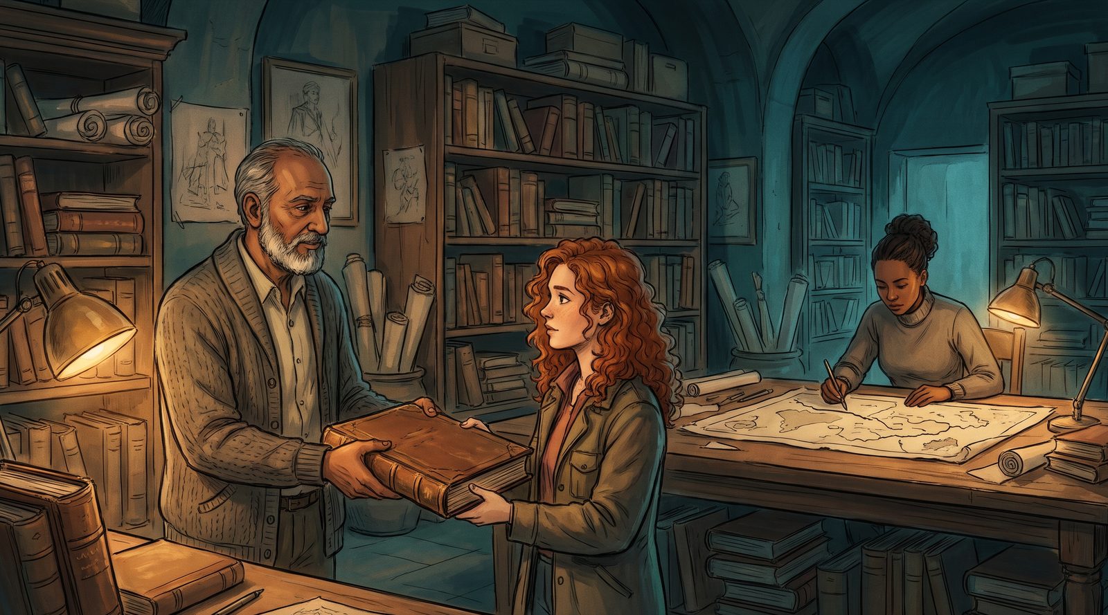 In a vast studio archive at night, an older South Asian archivist hands a heavy leather-bound book to a young white writer with curly red hair, while a Black woman behind them traces a route on a hand-drawn map of an invented city