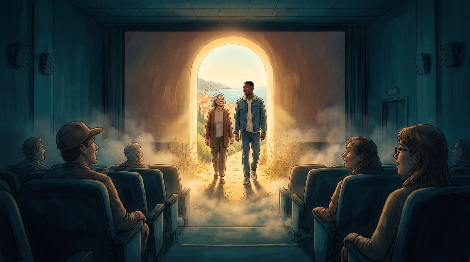 In a dark cinema, an older white woman with silver hair and a young Nigerian man walk up the aisle and step through the screen into a sunlit seaside town that spills out into the auditorium, as audience members of different ages and backgrounds turn to watch