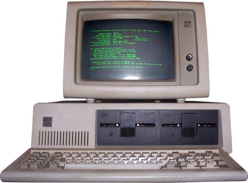 An IBM Personal Computer 5150 with monitor and keyboard