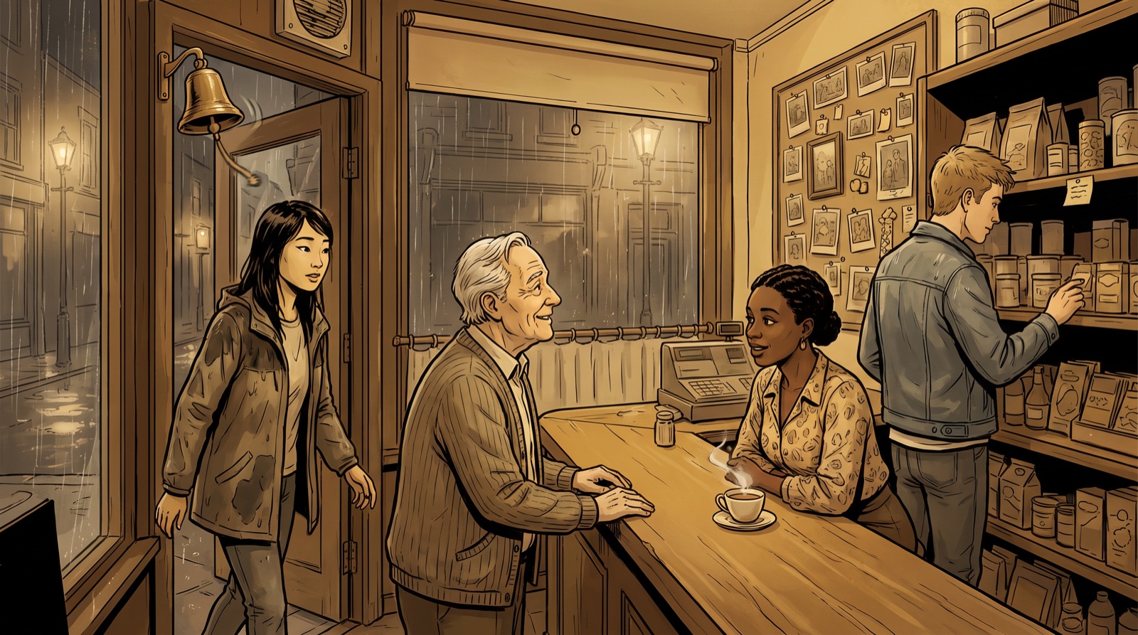 A young East Asian woman steps out of the rain into a London corner shop where the elderly white shopkeeper chats with a Black regular over tea while a young man browses the shelves