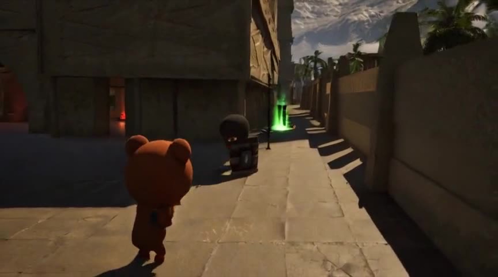 A playable character in a sunlit desert town generated live by Matrix-Game 4.0