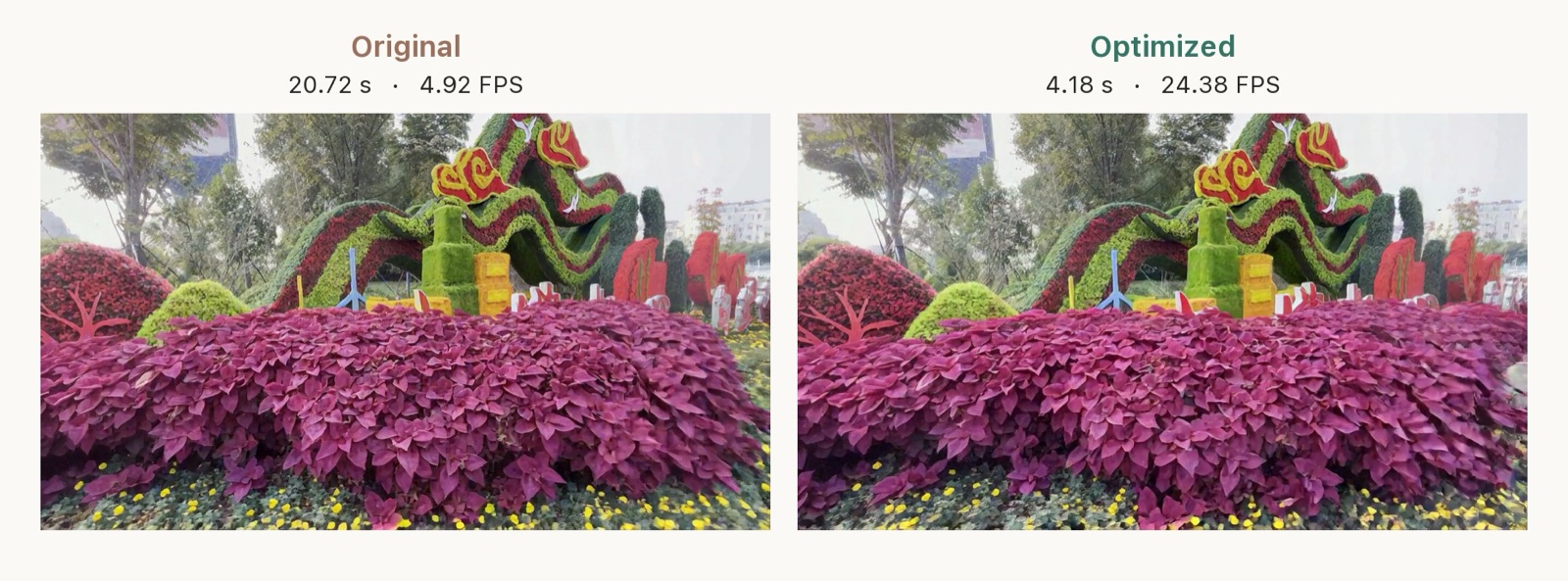 Side-by-side comparison of the original and optimised SolarWM H3 pipelines: 4.92 FPS against 24.38 FPS
