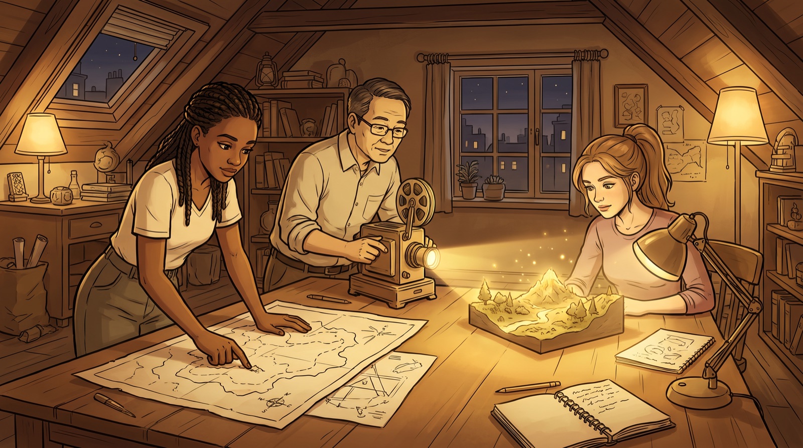 Game makers, African, European and East Asian, around a lamplit table in a London attic studio, comparing a hand-drawn map with a small landscape taking shape in a projector beam