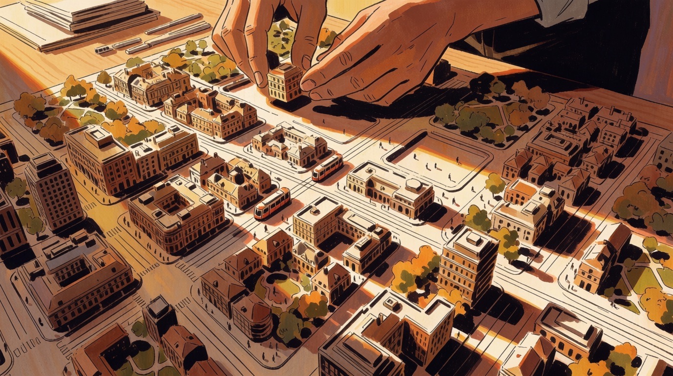 An architect's hands adjusting a building on a vast miniature simulated city at golden hour